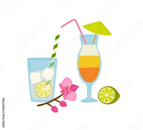 Refreshing summer cocktails with straws vector flat illustration. Cold beverages in glass decorated by umbrella, flowers and lime isolated. Water with lemon, ice and tropical alcohol drink