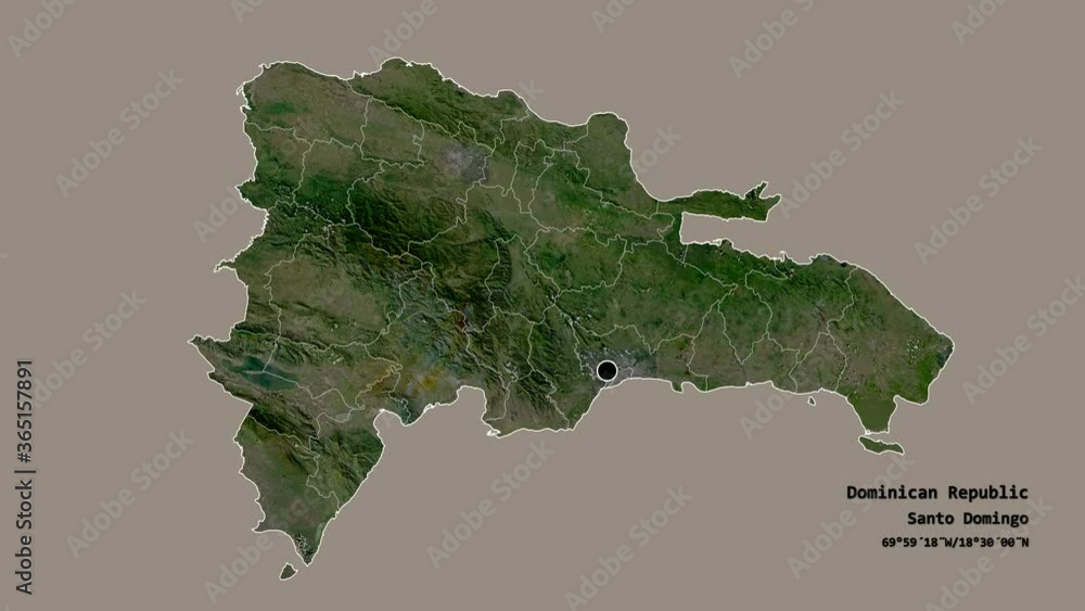 San José de Ocoa, province of Dominican Republic, with its capital, localized, outlined and zoomed with informative overlays on a satellite map in the Stereographic projection. Animation 3D San José de Ocoa, province of Dominican Republic, with its capital, localized, outlined and zoomed with informative overlays on a satellite map in the Stereographic projection. Animation 3D