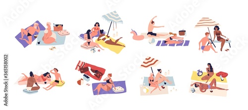 Various sunbathing people on summer beach vacation. Set of different couples doing yoga, lying, chilling, relaxing. Summertime lounge in flat vector illustration isolated on white background