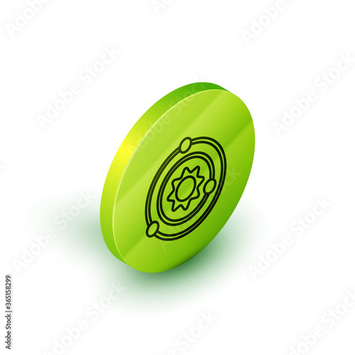Isometric line Solar system icon isolated on white background. The planets revolve around the star. Green circle button. Vector.