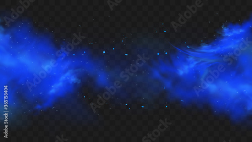 Blue smoke isolated on dark transparent background. Realistic blue magic mist cloud, chemical toxic gas, steam waves. Realistic vector illustration