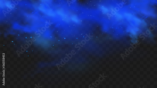 Blue smoke isolated on dark transparent background. Realistic blue magic mist cloud, chemical toxic gas, steam waves. Realistic vector illustration