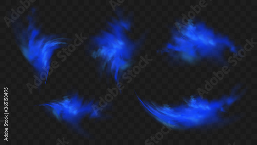 Blue smoke isolated on dark transparent background. Realistic blue magic mist cloud, chemical toxic gas, steam waves. Realistic vector illustration