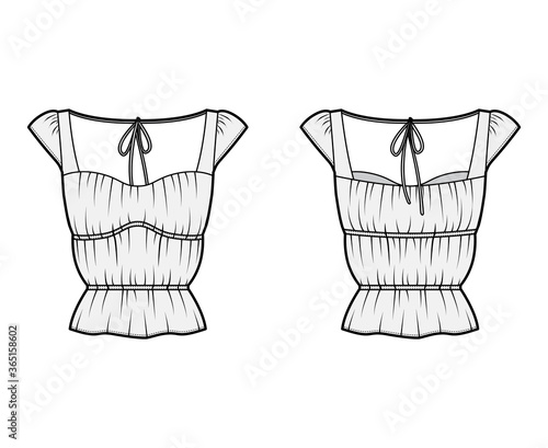 Shirt technical fashion illustration with oversized body, concealed button fastenings along front, ruffles, cropped sleeves. Flat apparel template front, back, white color. Women, men unisex mockup