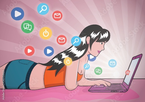 poster of media icons with woman browsing on laptop