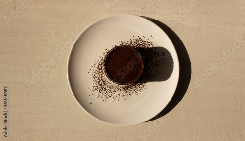 Tiramisu dessert isolated on grey background. Coffee and cacao.