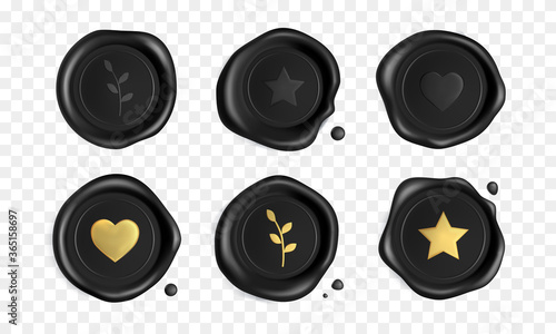 Black stamp wax seals set with gold heart, branch and star isolated on transparent background. Certificate royal black stamps for a postcard, a wedding invitation card. Realistic 3d vector