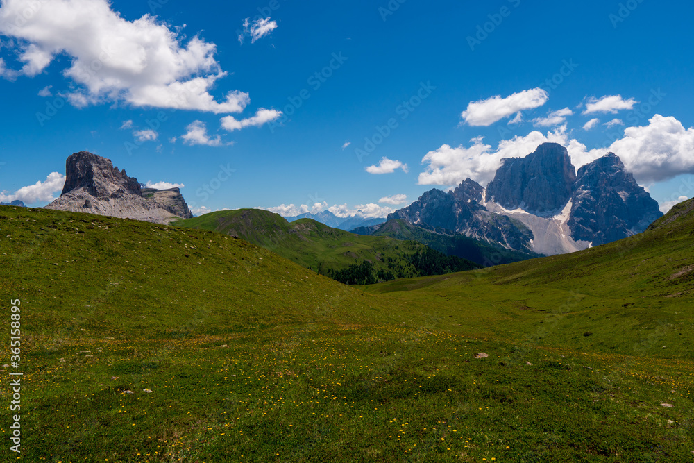 view of idyllic mountain scenery in the Alps with fresh green meadows in bloom on a beautiful sunny day in springtime, National Park Dolomite, Italy