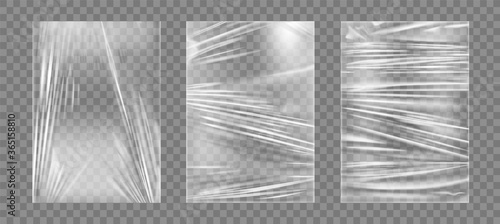 Transparent stretch plastic wrap texture set. Realistic polyethylene wrapping stretch film background. Vector transparent cellophane package mockup