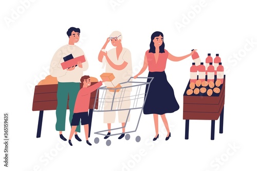 Big family at grocery supermarket choose food products, purchase together. Retired grandmother with list, shopping cart, trolley, child. Flat vector cartoon illustration isolated on white background