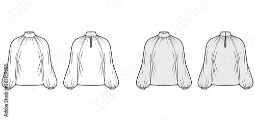 High-cut neck blouse technical fashion illustration with long bishop sleeves, loose fit, button-fastening keyhole at back. Flat apparel top template front back, white grey color. Women men, unisex CAD