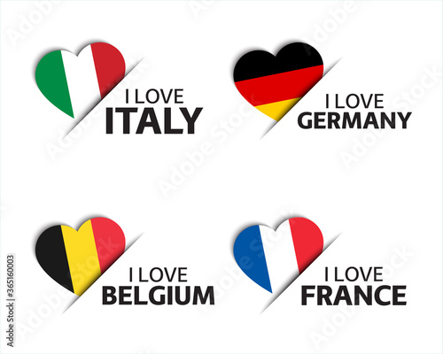 Set of four Italian, German, Belgian and French heart shaped stickers. I love Italy, Germany, Belgium and France. Made in Italy, Made in Germany. Simple icons with flags isolated on a white background