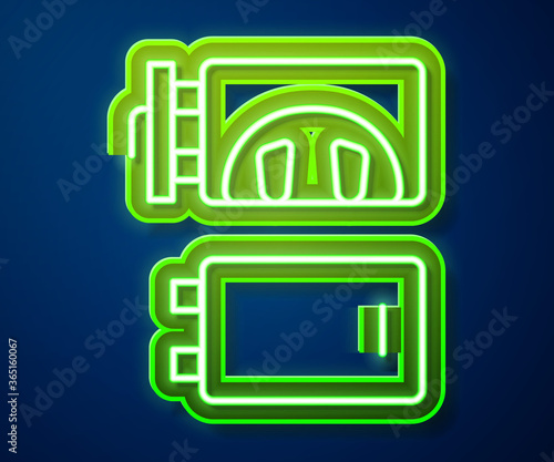 Glowing neon line Crematorium icon isolated on blue background. Vector.