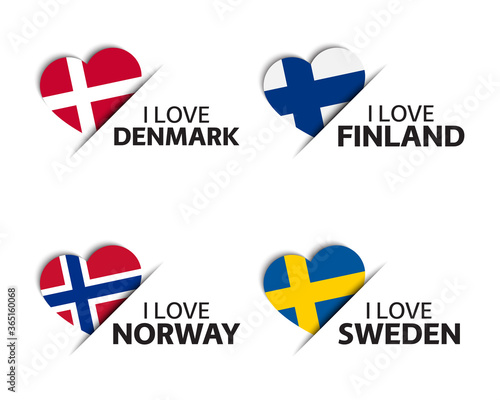 Set of four Danish, Finnish, Norwegian and Swedish heart shaped stickers. Made in Denmark, Finland, Norway and Sweden. Made in Denmark. Simple icons with flags isolated on a white background