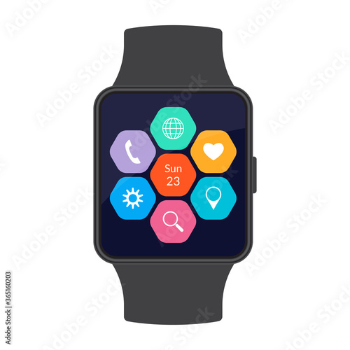 Smart watch with app icons on the screen. Smartwatch concept. Vector illustration.