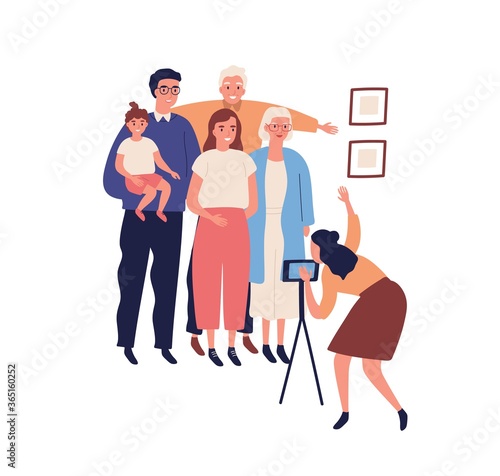 Happy big family making photo portrait on smartphone camera. Grandparents, grandchildren, relatives and little child say cheese together. Flat vector cartoon illustration isolated on white background