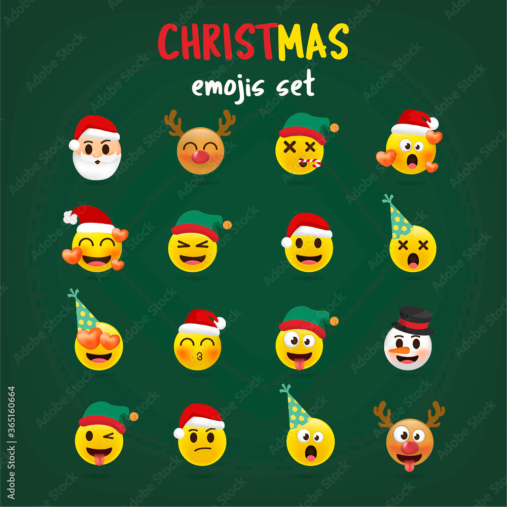 Christmas emoji set. Holiday set of Christmas face icons with different emotions.