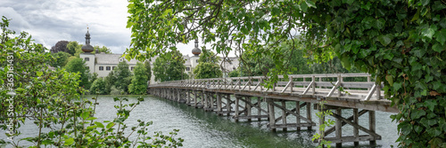 Wooden bridge between the castle named Ort and the city Gmunden. Austria