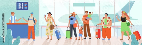  People standing in line to the front desk. Men and women with luggage waiting for departure by plane. Vector cartoon illustration in flat style.