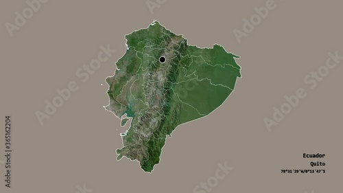 Bolivar, province of Ecuador, with its capital, localized, outlined and zoomed with informative overlays on a satellite map in the Stereographic projection. Animation 3D photo