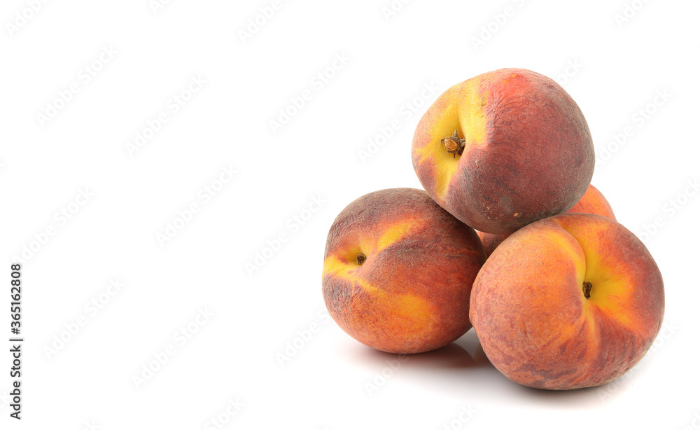 ripe peaches close-up, white isolated background, horizontal view ripe peaches close-up, white isolated background, horizontal view