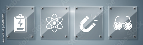 Set Laboratory glasses, Magnet, Atom and Laboratory clipboard with checklist. Square glass panels. Vector.