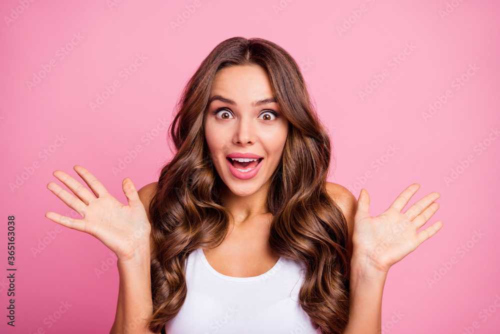 Photo of pretty funny wavy lady crazy facial expression open mouth arms raised listen cool news successful person wear white casual singlet isolated pink color background Photo of pretty funny wavy lady crazy facial expression open mouth arms raised listen cool news successful person wear white casual singlet isolated pink color background