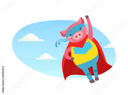 Funny Pig Superhero Character in Mask and Red Cape Cartoon Vector Illustration