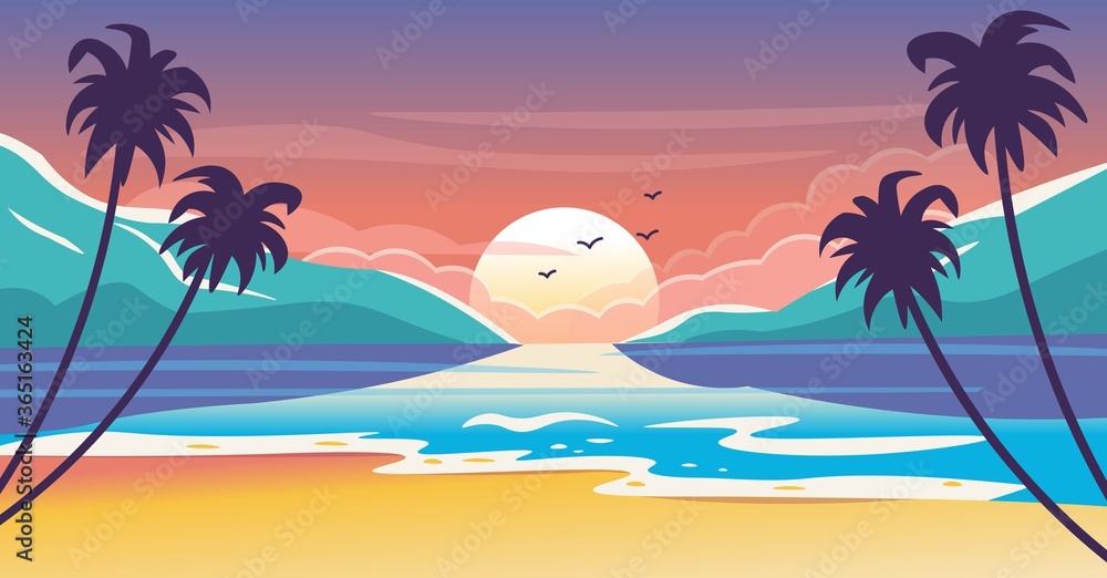 Woman seeing the summer landscape in her hair. Evening beach at sunset with waves the sun and palm trees. Vector illustration