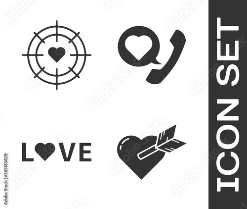 Set Amour with heart and arrow, Heart in the center of darts target aim, Love text and Telephone with heart speech bubble icon. Vector.