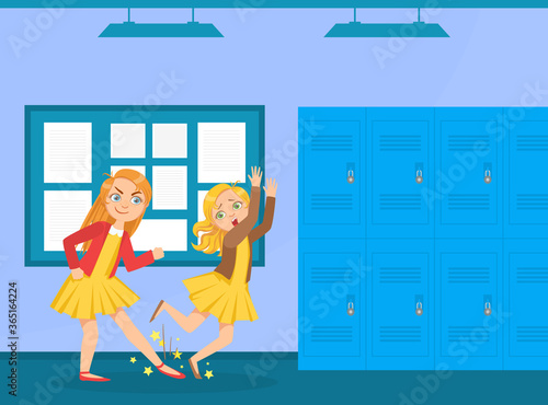 Agressive Girl Tripped Her Classmate, Bullying and Mocking at School Cartoon Vector Illustration