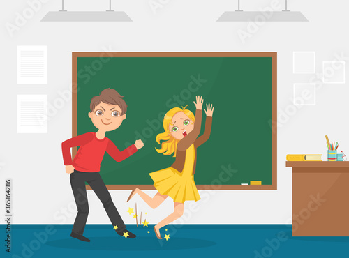 Agressive Boy Tripped His Classmate, Bullying and Mocking at School, Conflict between Children Cartoon Vector Illustration