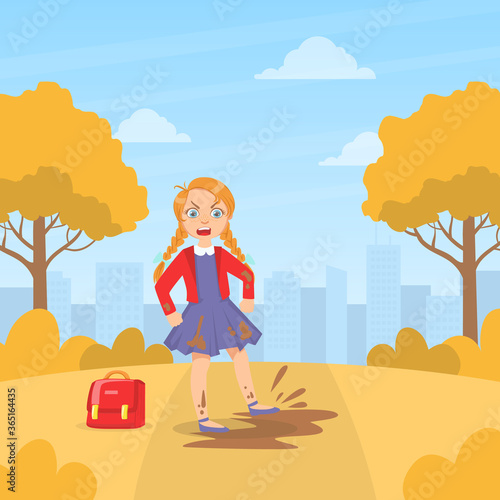 Girl Jumping In Mud Puddle, Kids Aggressive Uncontrollable Behavior Cartoon Vector Illustration