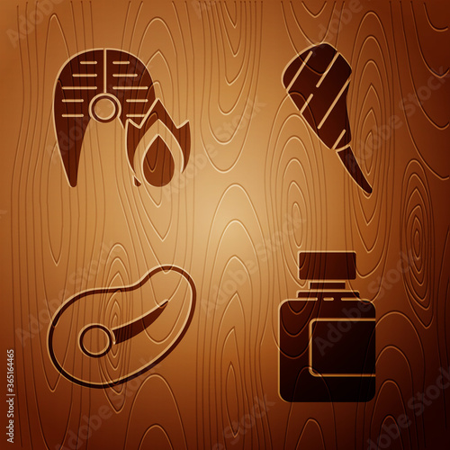 Set Sauce bottle, Grilled fish steak and fire flame, Steak meat and Rib eye steak on wooden background. Vector.