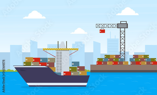 Cargo Ship Container and Working Crane, Maritime Shipping Freight Transportation, Cargo Logistics Flat Vector Illustration