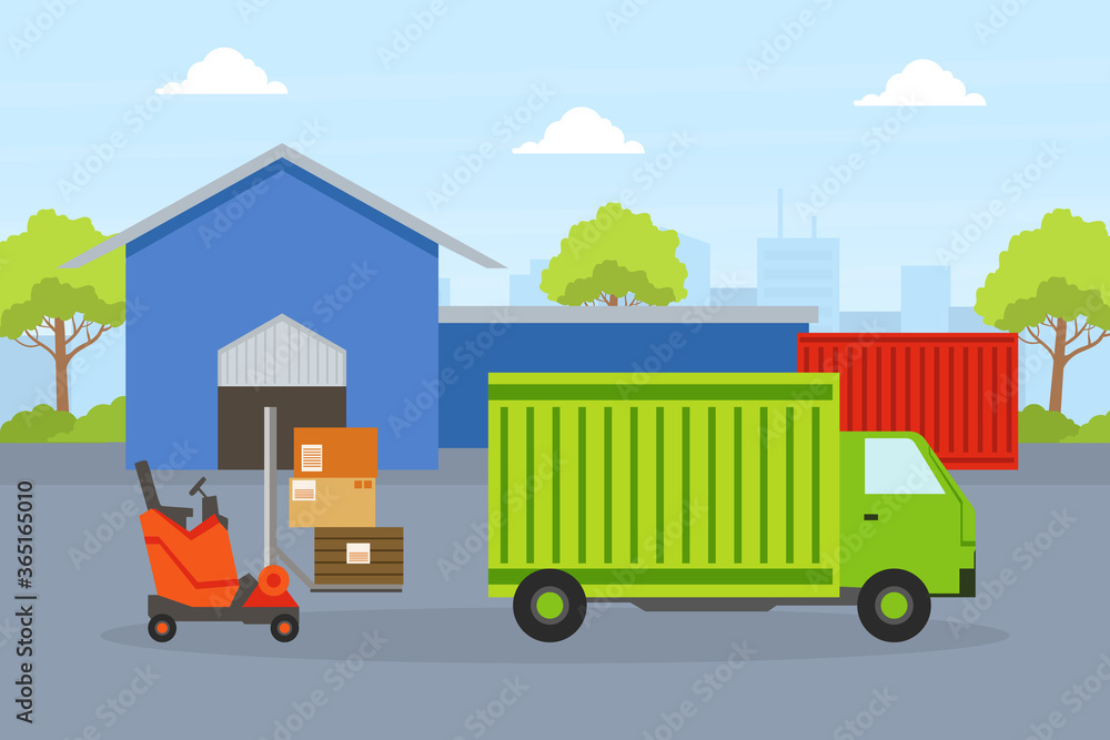 Cargo Service, Delivery Truck, Warehouse Building and Forklift Car Loading Cardboard Boxes, Fast Delivery Service Concept Flat Vector Illustration