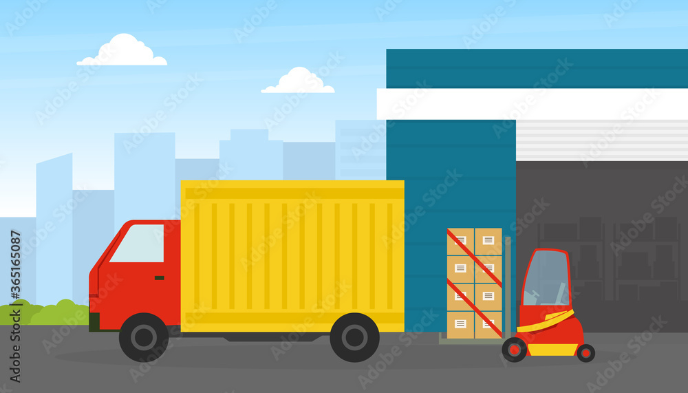 Delivery Truck, Warehouse Building and Forklift Car Loading Cardboard Boxes, Cargo and Fast Delivery Service Concept Flat Vector Illustration