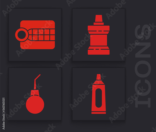 Set Tube of toothpaste, Dentures model, Mouthwash plastic bottle and Enema pear icon. Vector.