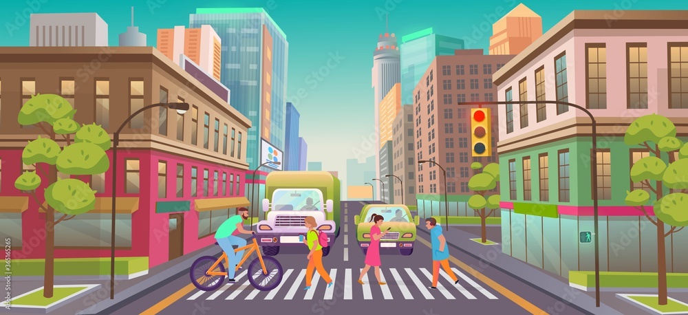 Panorama city with shops,  building, crossing and traffic light .Vector illustration in flat style.