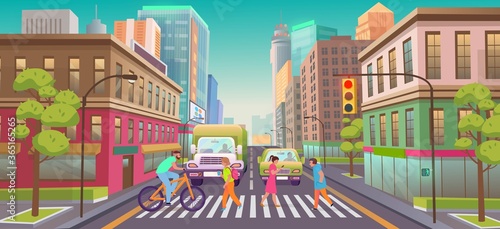 Panorama city with shops, building, crossing and traffic light .Vector illustration in flat style.