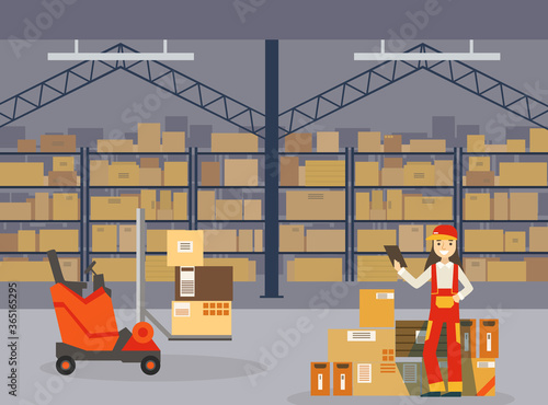 Warehouse Indoor Space with Goods on Shelf, Professional Workers in Uniform and Forklift Car, Storage, Distribution and Delivery Service Flat Vector Illustration