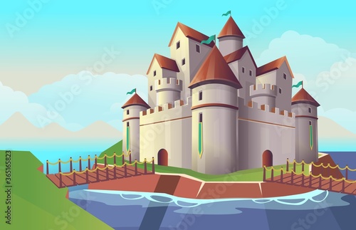  Old stone cartoon castle with bridges and river for children's. Vector illustration