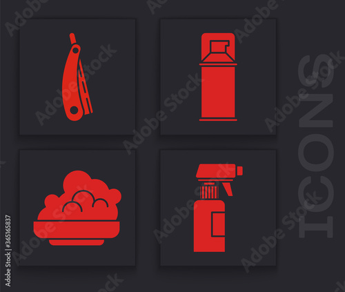 Set Hairdresser pistol spray bottle, Straight razor, Shaving gel foam and Shaving gel foam icon. Vector.