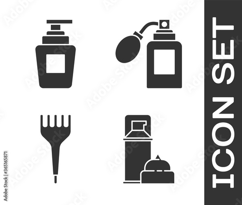 Set Shaving gel foam, Bottle of shampoo, Hairbrush and Aftershave bottle with atomizer icon. Vector.