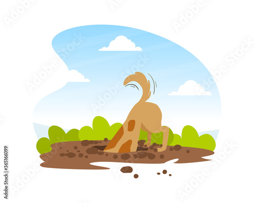 Funny Dog Digging Deep Hole in Garden, Beautiful Summer Landscape Flat Vector Illustration