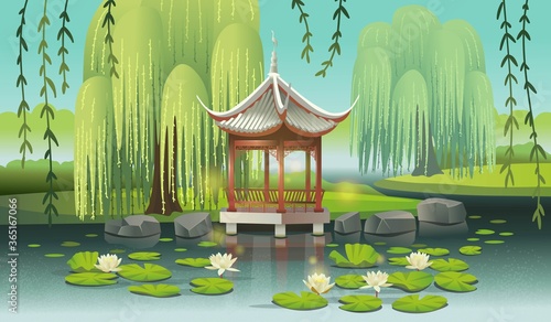Chinese gazebo on the lake with water lilies and willows. Сartoon style vector illustration.