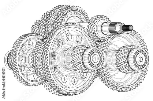 Photography Outline gearbox concept. 3D illustration