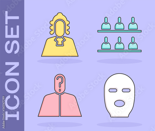Set Thief mask, Judge, Anonymous with question mark and Jurors icon. Vector.