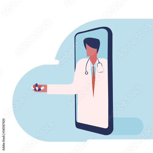 Conceptual illustration of a doctor in a mobile phone giving medicines. Concept of tele medicine through smartphones.