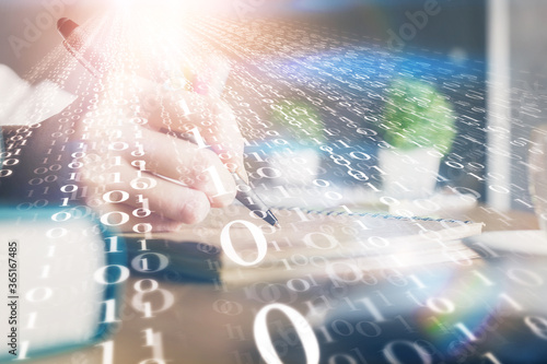 Double exposure of woman's hands on background with technology and digital coding icons. Data development concept. Close up.